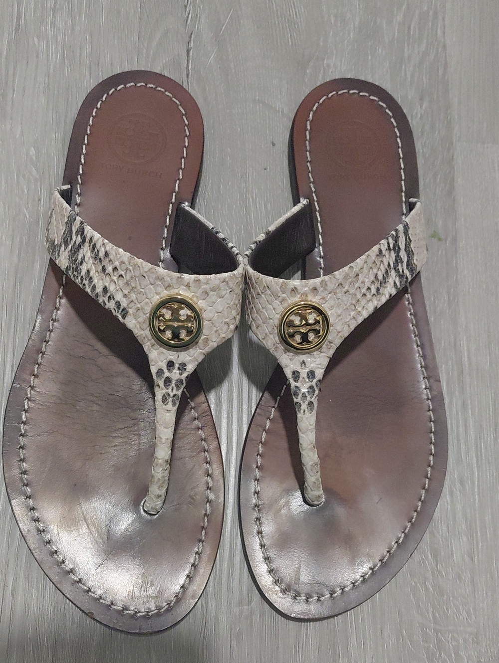 Tory Burch White Snake-Print Leather Thong Sandals with Gold Logo